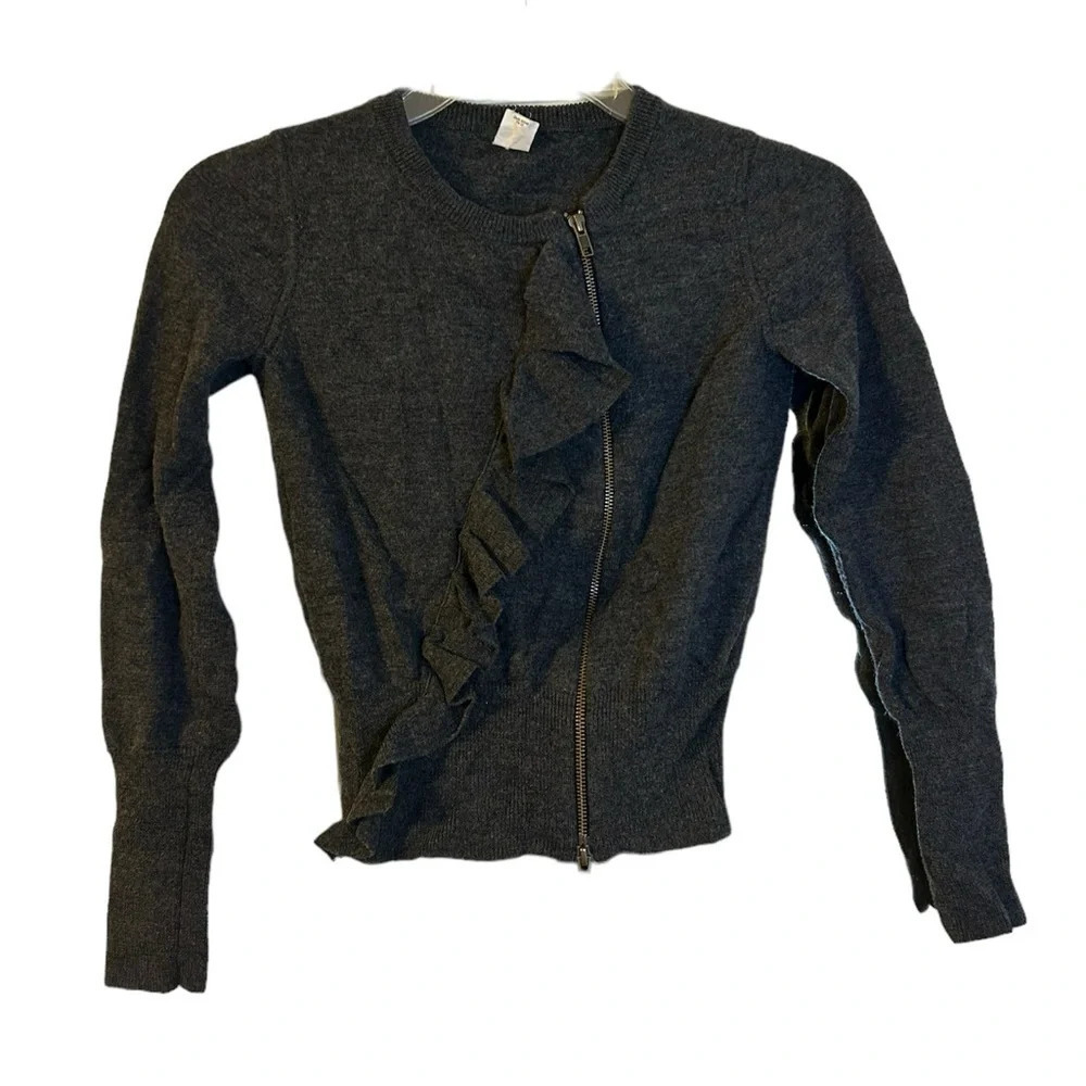 J.Crew Charcoal Gray Merino Wool Zip Front Ruffle Sweater